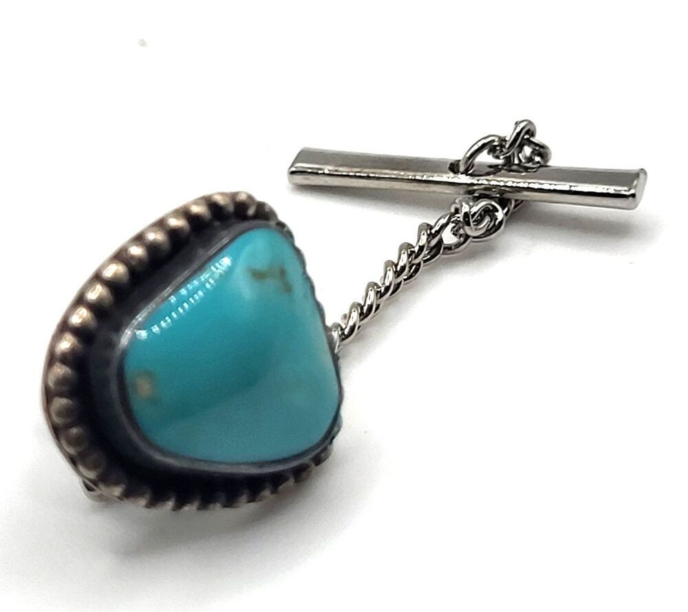 Native Turquoise Tie Clip Signed Iz Sterling Silver 0.6in